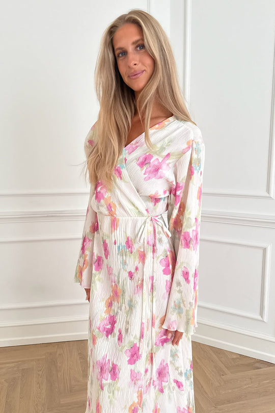 OfeliaIC Lång Omlottklänning - Vit Rosa Blomtryck
