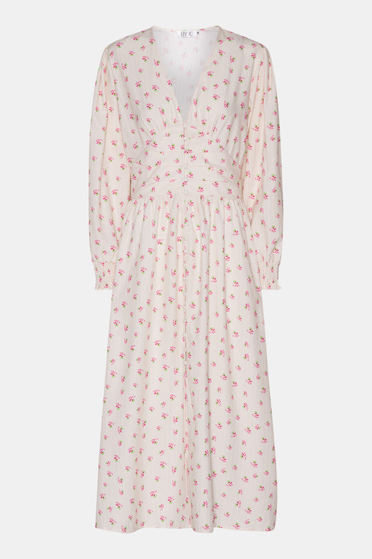 AdelIC Lång Klänning - Beige Rosa Blomtryck